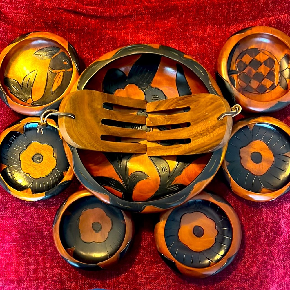 Vintage Hand Turned Acacia Wood Salad Serving Set